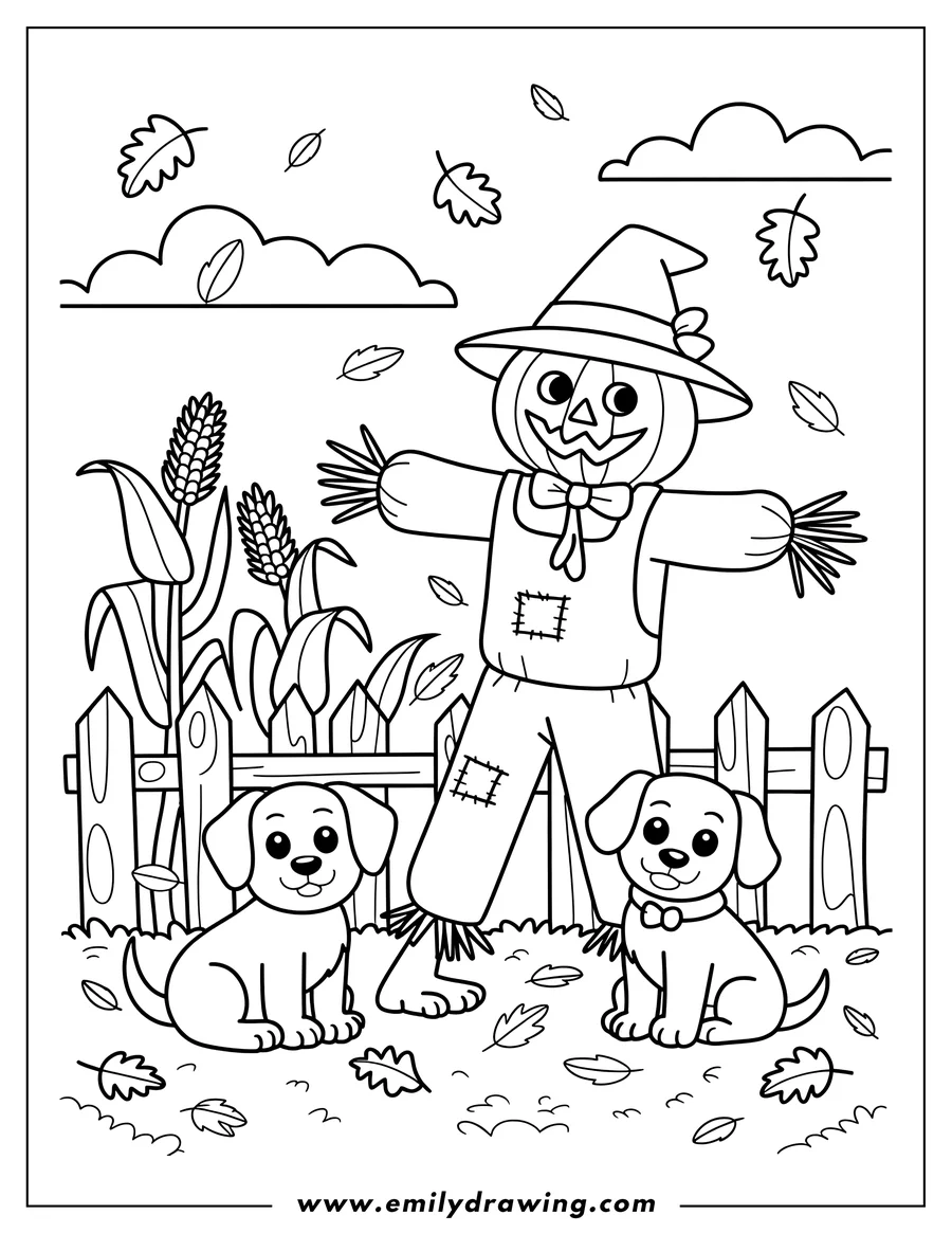 Line art of a friendly scarecrow with a pumpkin head and a witch's hat, standing in a field with two happy puppies sitting by a wooden fence, surrounded by corn stalks and falling leaves.
