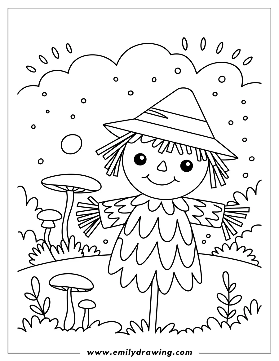 Line art of a friendly scarecrow standing in a field with mushrooms and bushes.