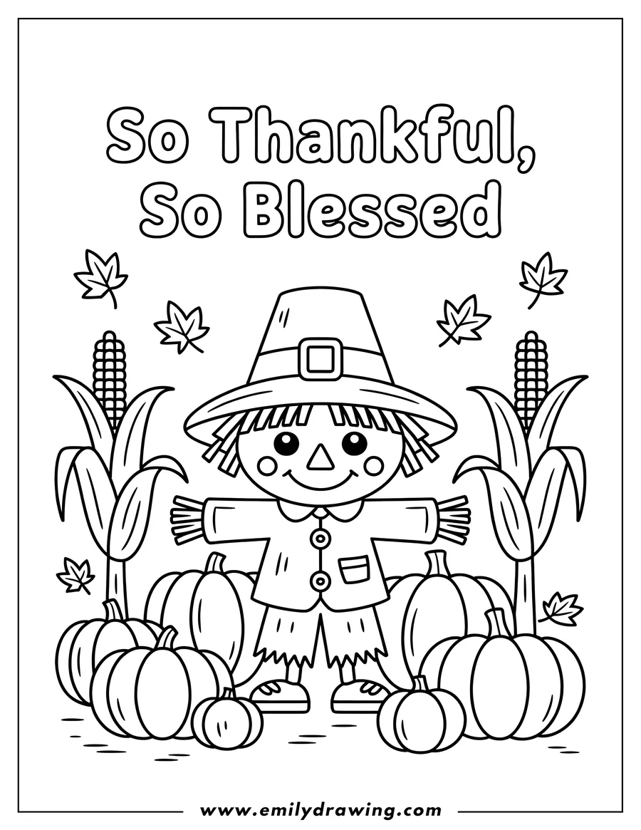 Outline of a scarecrow wearing a pilgrim hat, standing among pumpkins and corn stalks with autumn leaves.