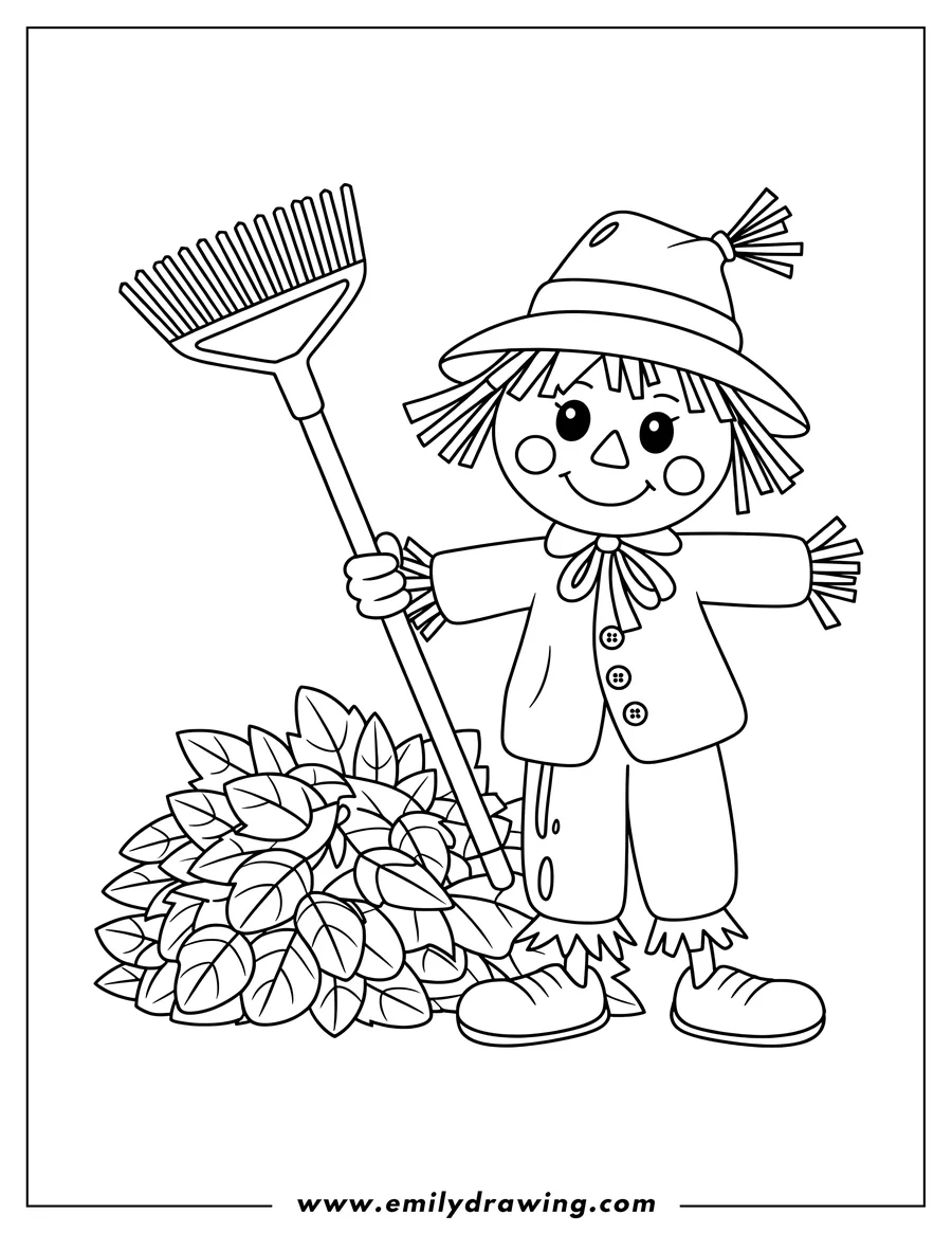 Line art of a friendly scarecrow holding a rake next to a pile of autumn leaves