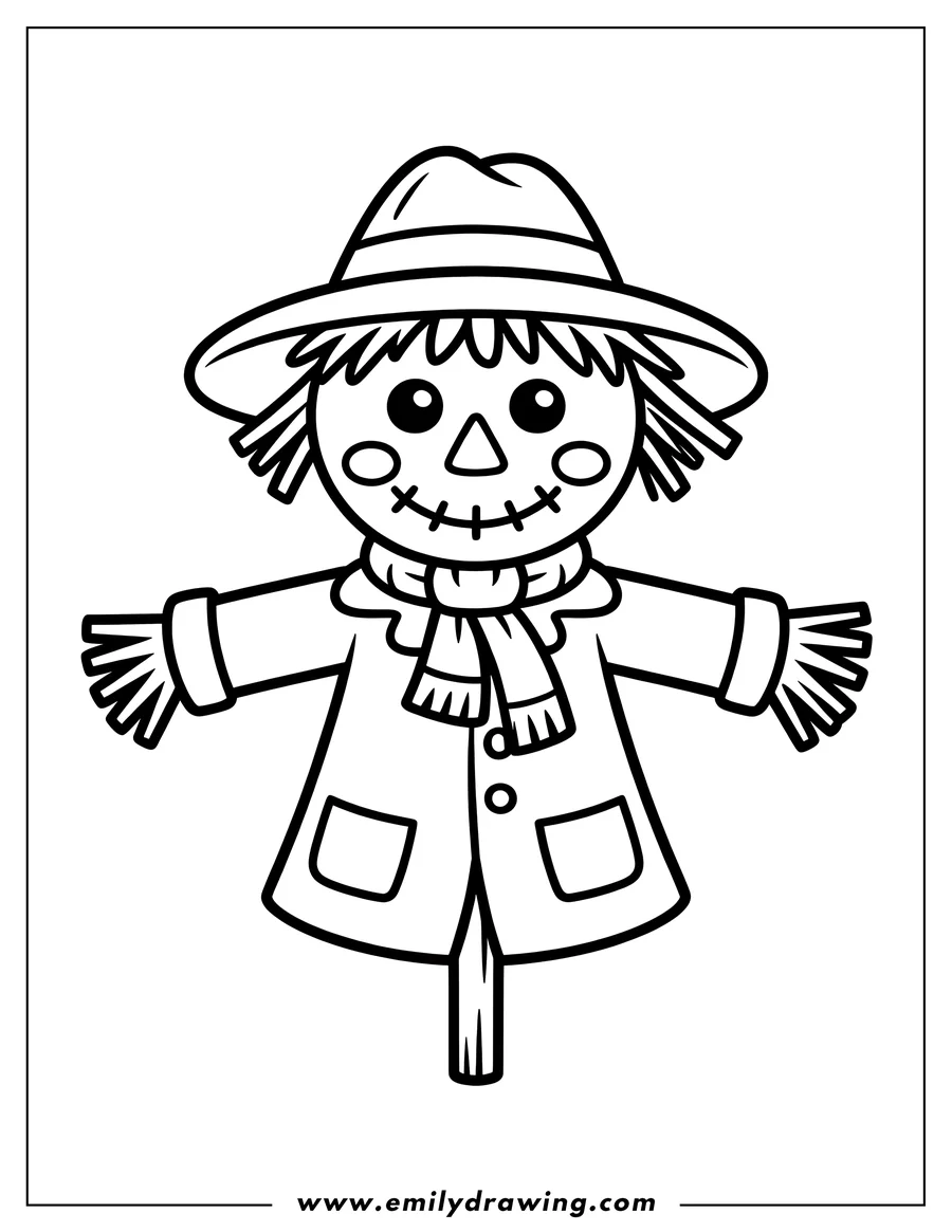 Outline of a friendly scarecrow wearing a wide-brimmed hat, a scarf, and a coat, with straw hair and stitched facial features.