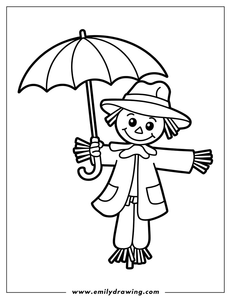 Line art of a friendly scarecrow holding an umbrella