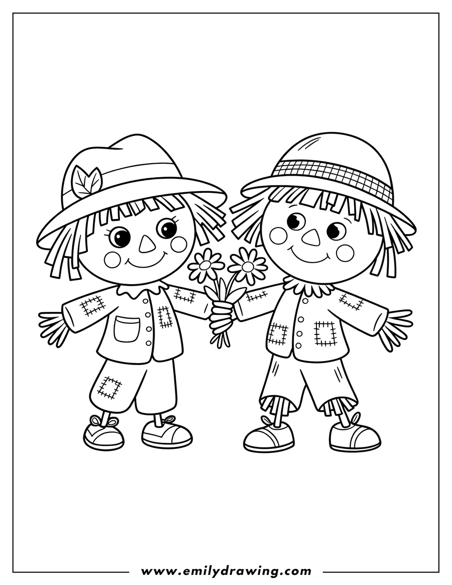 Line art of two friendly scarecrows wearing hats and patched clothes, holding a small bouquet of flowers together.