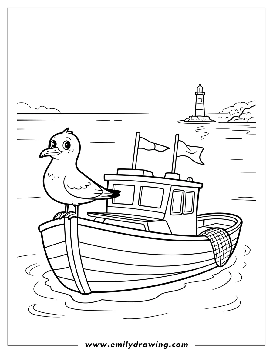 Line art of a seagull perched on the bow of a small boat, with a lighthouse visible in the background on a small island.
