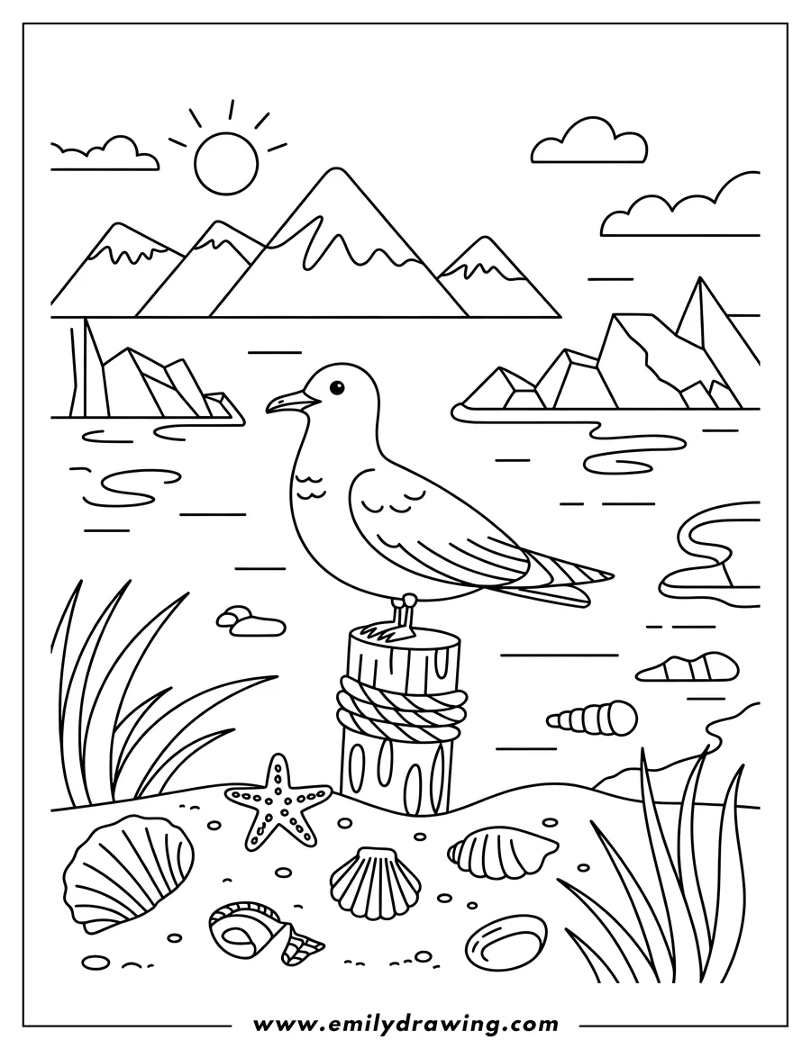 Outline of a seagull standing on a wooden pier post with rope, surrounded by water, seashells, a starfish, and mountains in the background under a sunny sky.