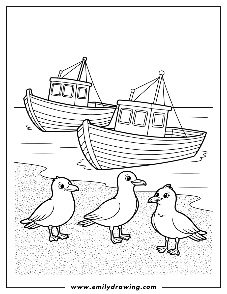 Outline of three seagulls standing on the beach near two boats in the water.