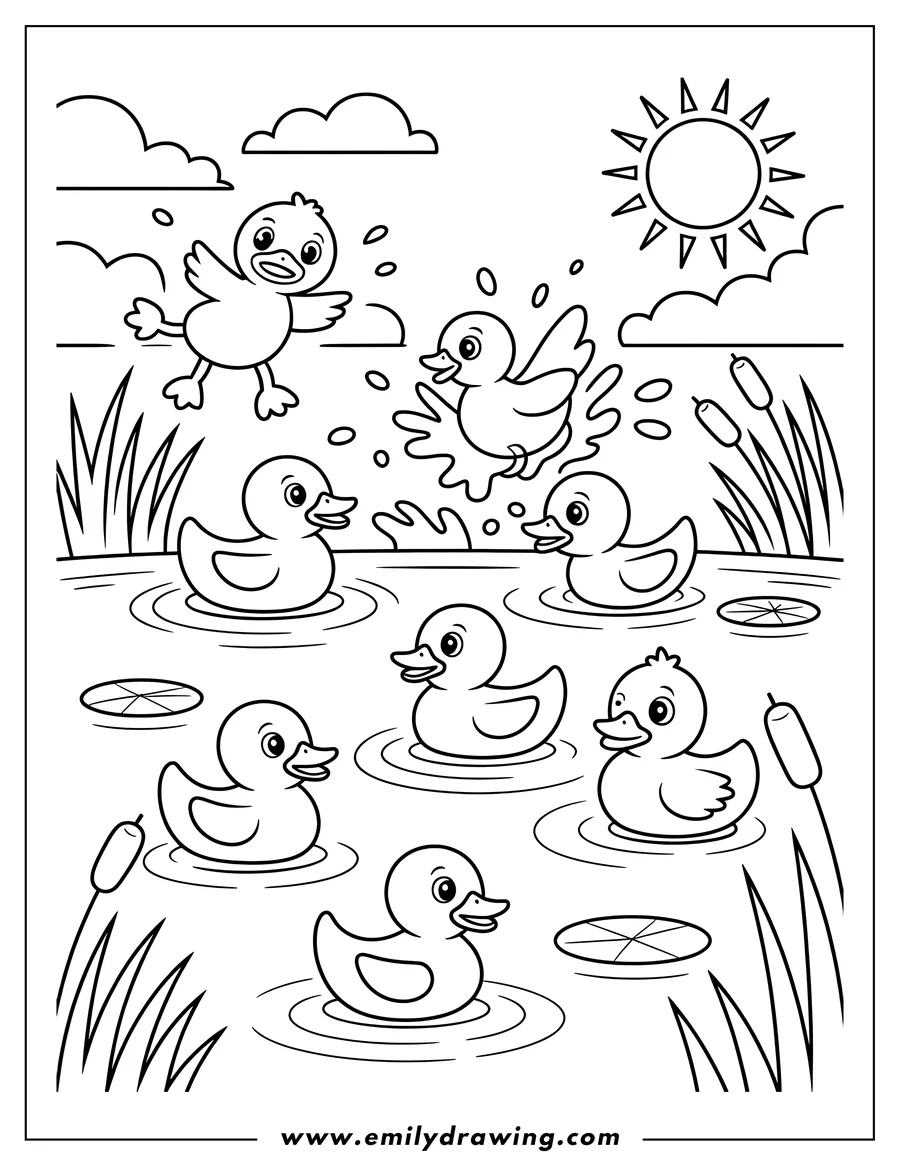 Line art of seven happy ducklings playing and splashing in a pond surrounded by cattails and lily pads under the sun.