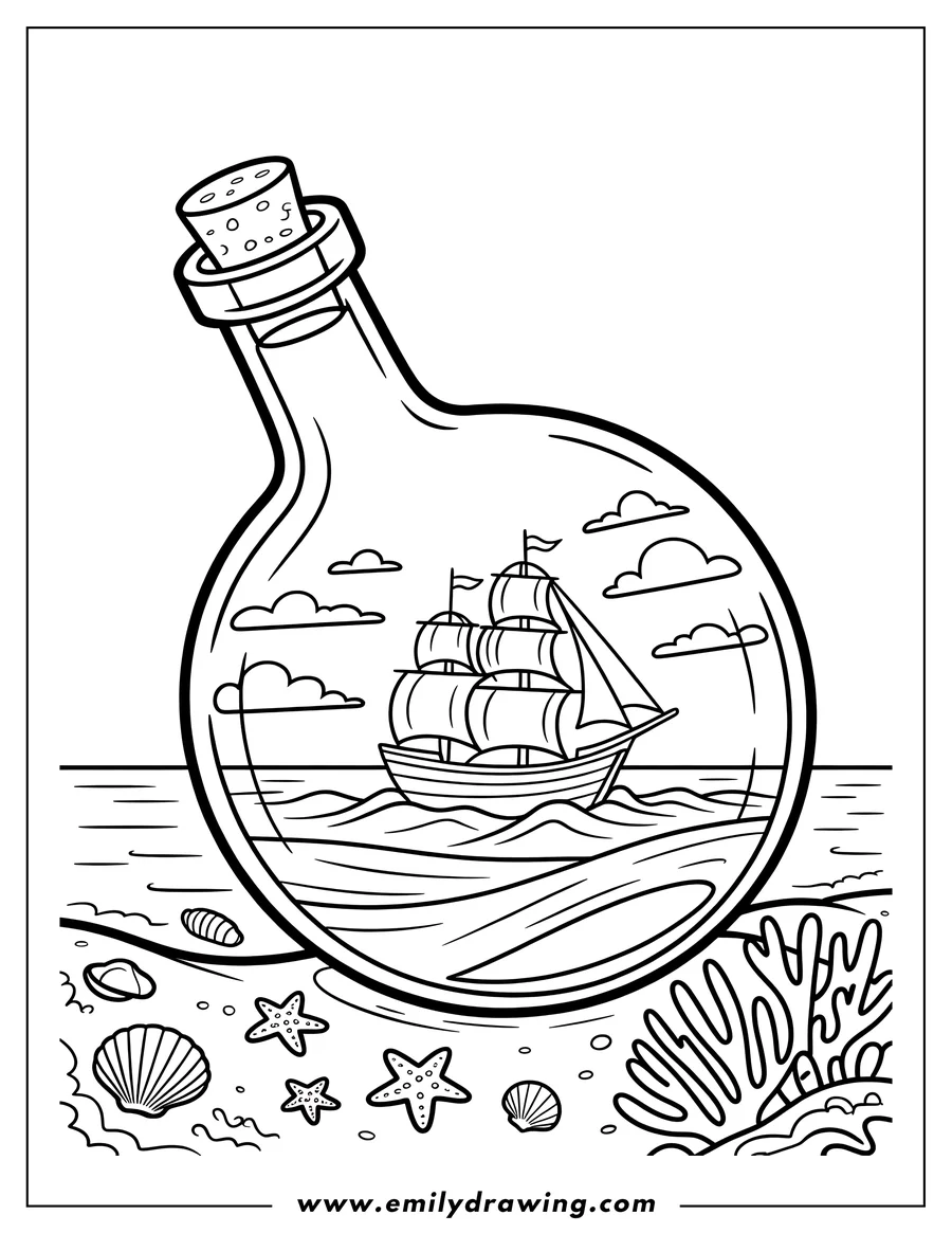Line art of a sailing ship inside a glass bottle on a beach with seashells, starfish, and coral.