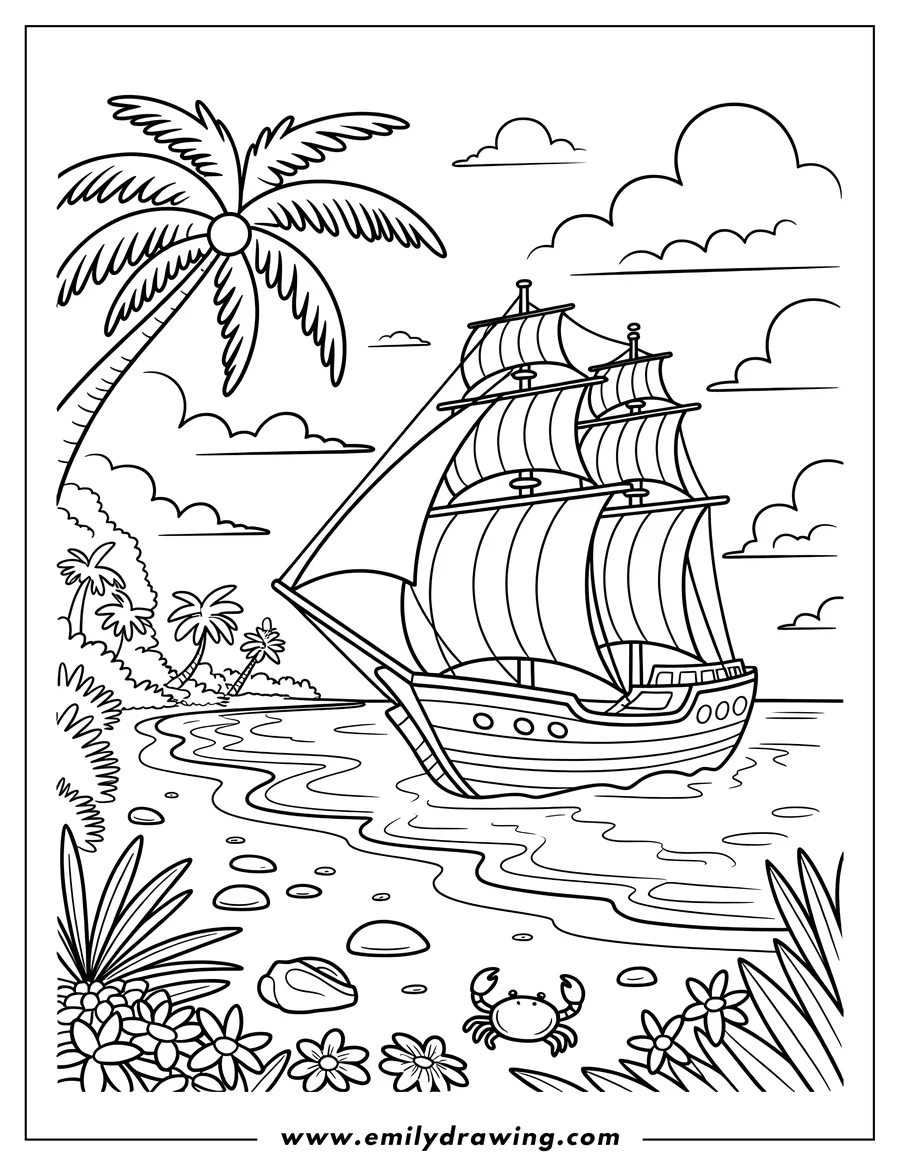 Outline of a ship sailing near a tropical island with palm trees, flowers, and a small crab on the beach.