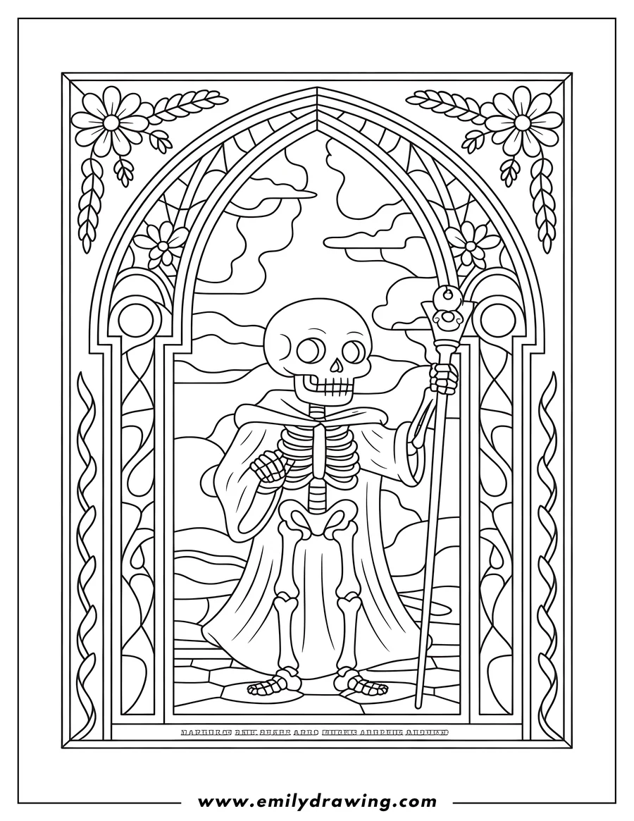 Line art of a skeleton holding a staff, standing within an arched stained glass window frame decorated with flowers and vines.
