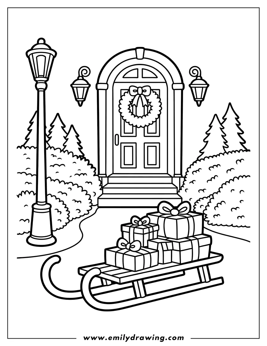 Outline of a wooden sleigh filled with wrapped presents, sitting on a snowy path in front of a house door decorated with a wreath. A streetlamp and pine trees are visible in the background.