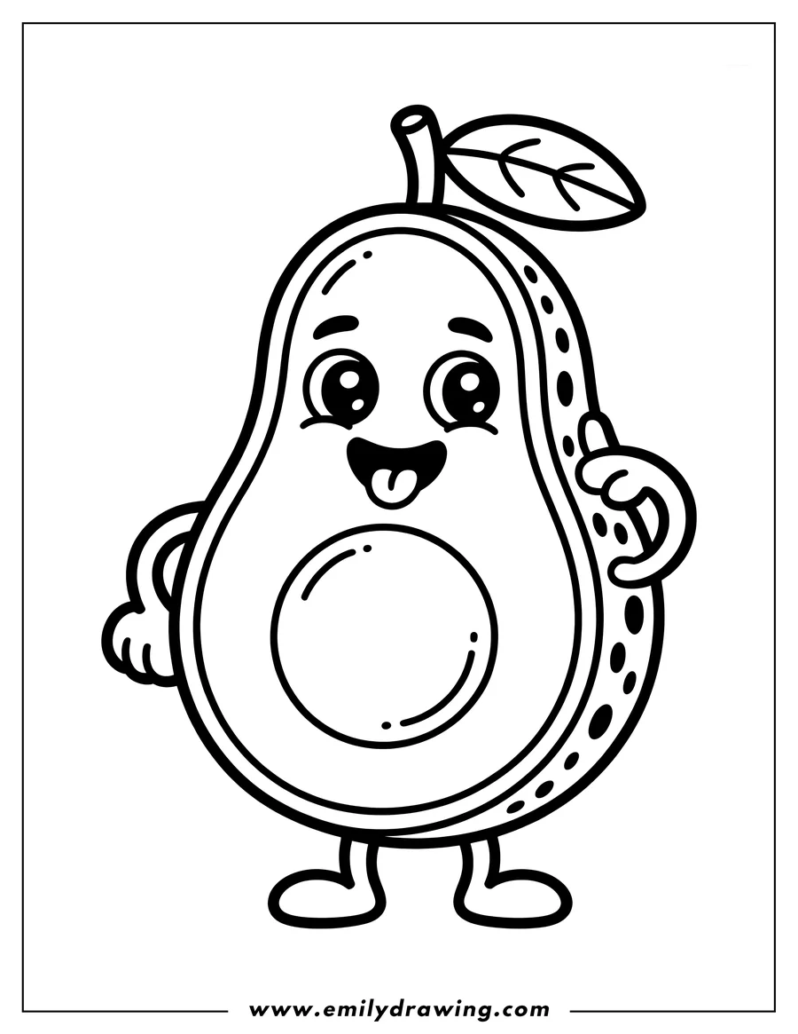 Outline of a cheerful, anthropomorphic avocado character standing up. The avocado half shows the round seed cavity and has a stem and leaf attached at the top.