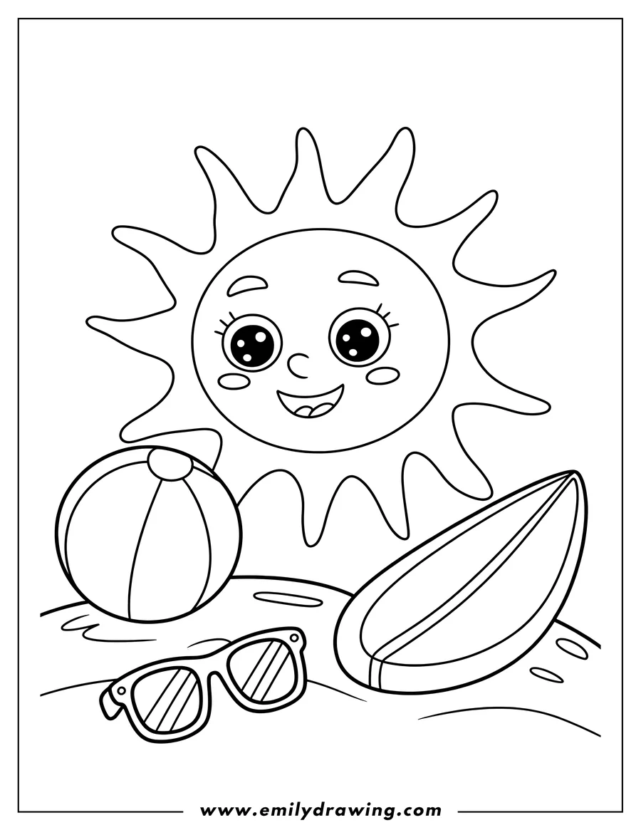 Outline of a cute, smiling sun character hovering above a beach ball, a surfboard, and a pair of sunglasses resting on the sand.
