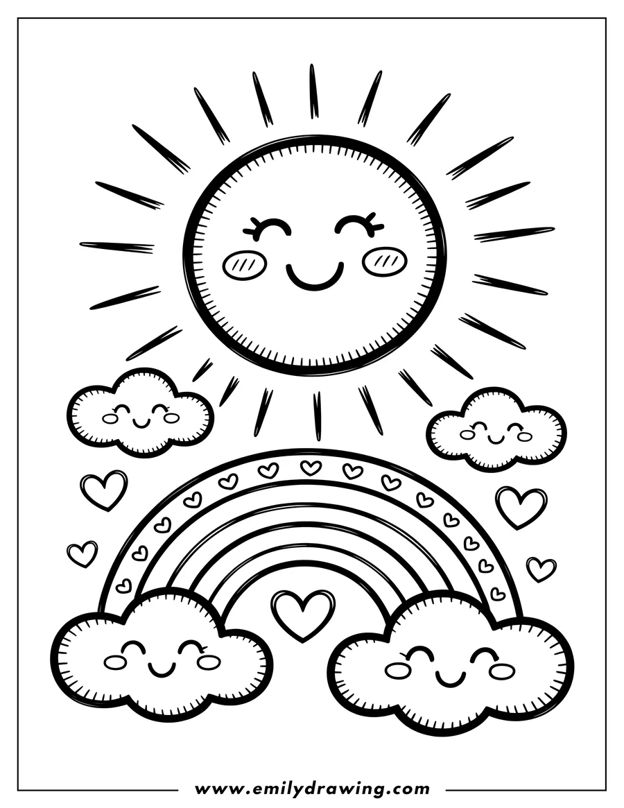 Outline of a cheerful, smiling sun shining over a large doodle-style rainbow decorated with small hearts. Four cute, smiling clouds frame the sun and the ends of the rainbow.