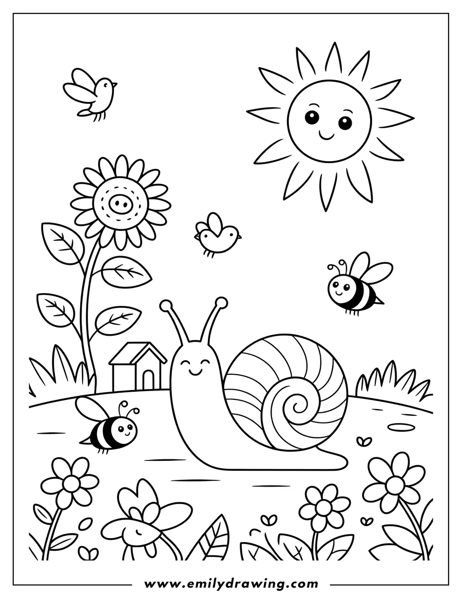 Outline of a happy cartoon snail crawling through a garden with a large sunflower, flying bees, and a smiling sun.