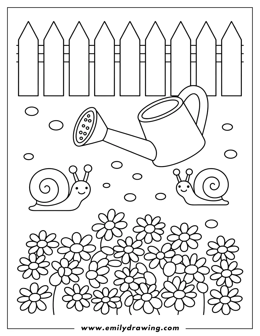 Line art of two smiling snails and a watering can in a garden with a picket fence and many flowers.