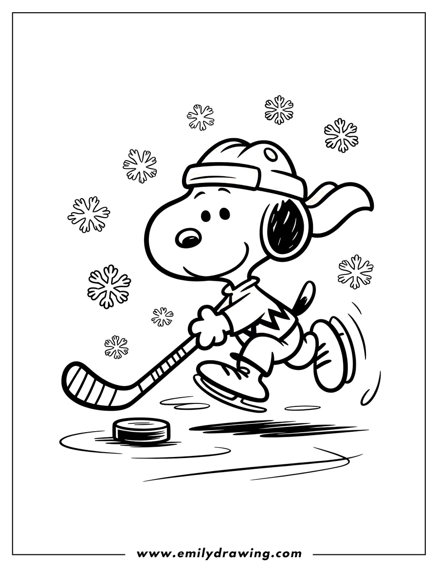 Line art of Snoopy playing hockey, wearing skates and a helmet, stick in hand about to hit the puck.