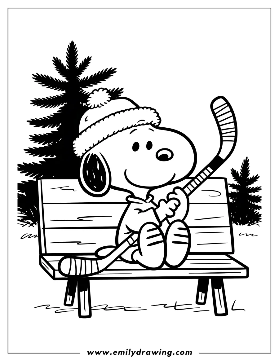 Line art of Snoopy sitting on a bench, holding a hockey stick, near a Christmas tree.