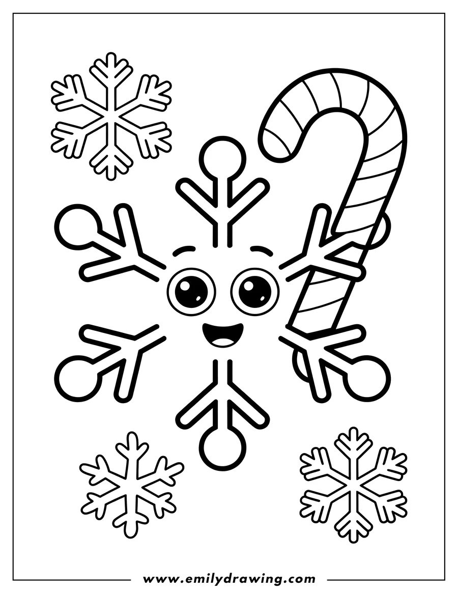 Line art of a smiling snowflake holding a candy cane, surrounded by smaller snowflakes.