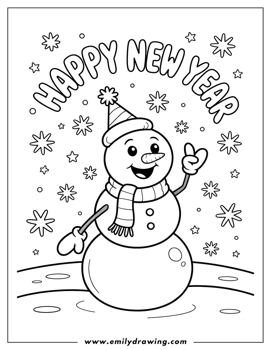 Outline of a cheerful snowman wearing a party hat and striped scarf, waving a mitten-covered hand, with 'HAPPY NEW YEAR' text arcing above and surrounded by stars and snowflakes.