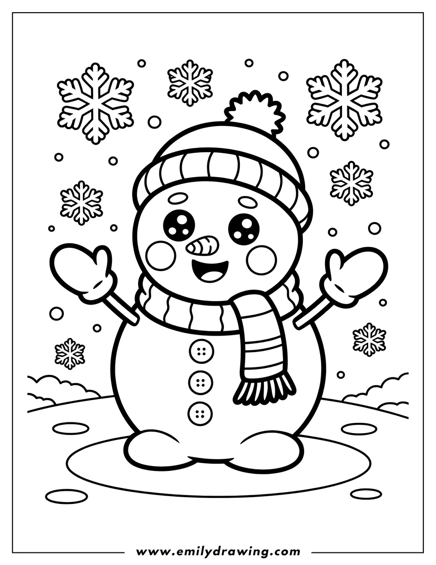 Line art of a happy snowman wearing a hat and scarf, surrounded by falling snowflakes.