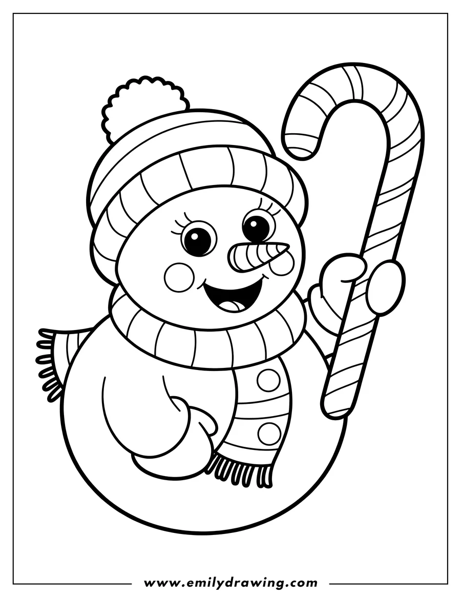 Outline of a cheerful snowman holding a large candy cane. He wears a striped hat and scarf.