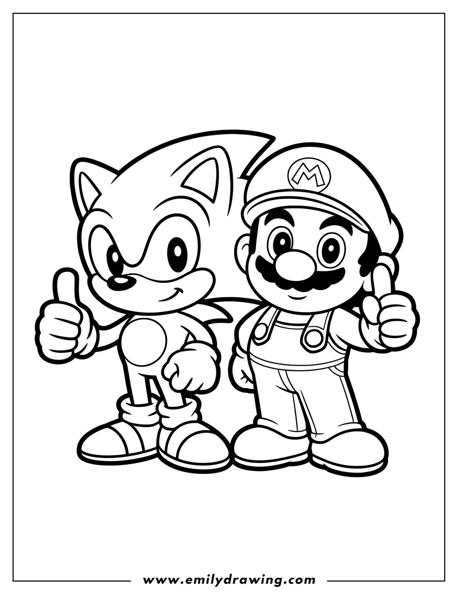 Outline of Sonic the Hedgehog and Mario giving a thumbs up gesture, standing side by side.