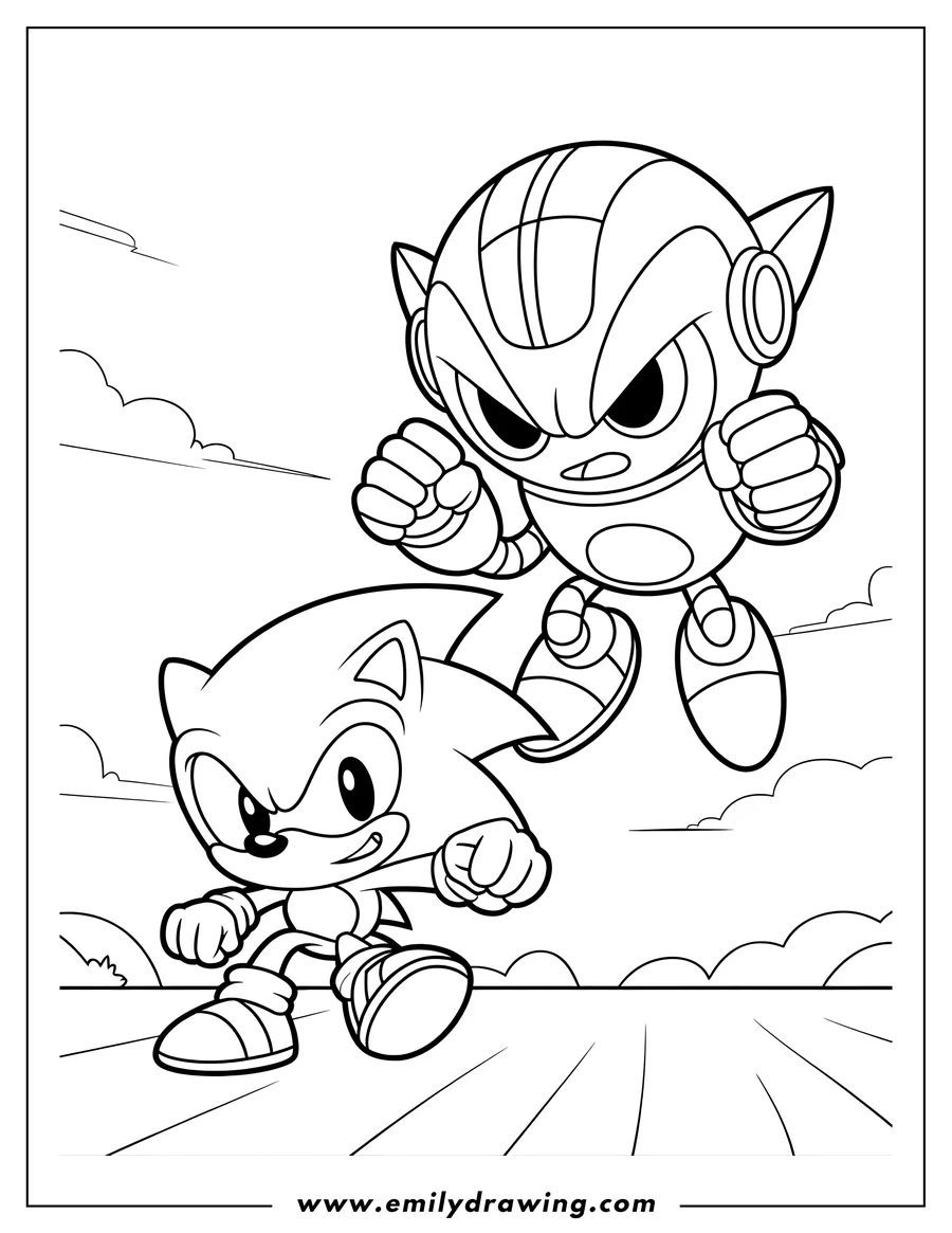 Line art of Sonic the Hedgehog running with a menacing robot flying above him, set against a background of speed lines and clouds.