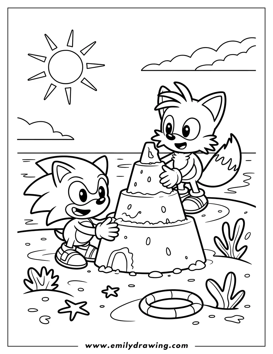 Line art of Sonic the Hedgehog and Tails the Fox building a sandcastle on a sunny beach, with starfish and a life preserver in the sand.