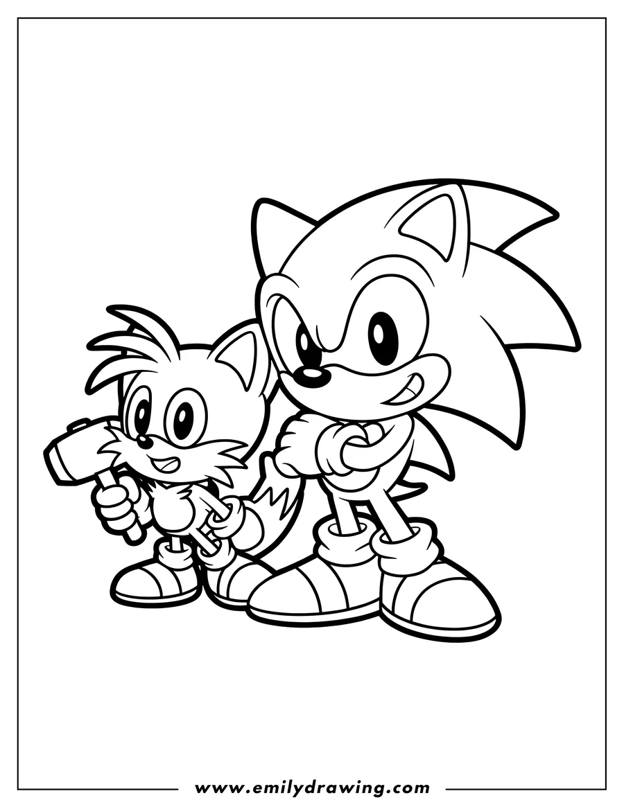 Outline of Sonic the Hedgehog standing with his arms crossed and Tails standing next to him holding a hammer.