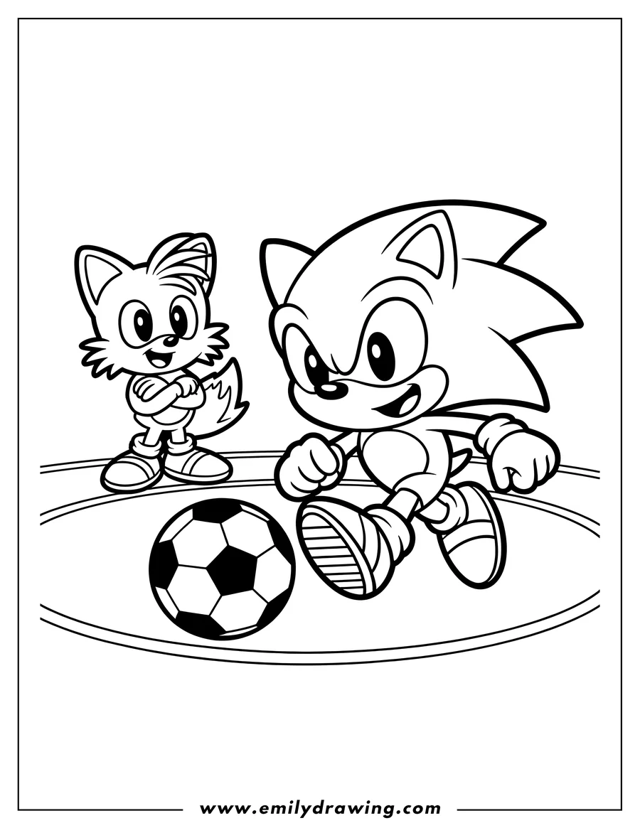 Line art of Sonic the Hedgehog kicking a soccer ball while Tails watches, both smiling on a circular field.