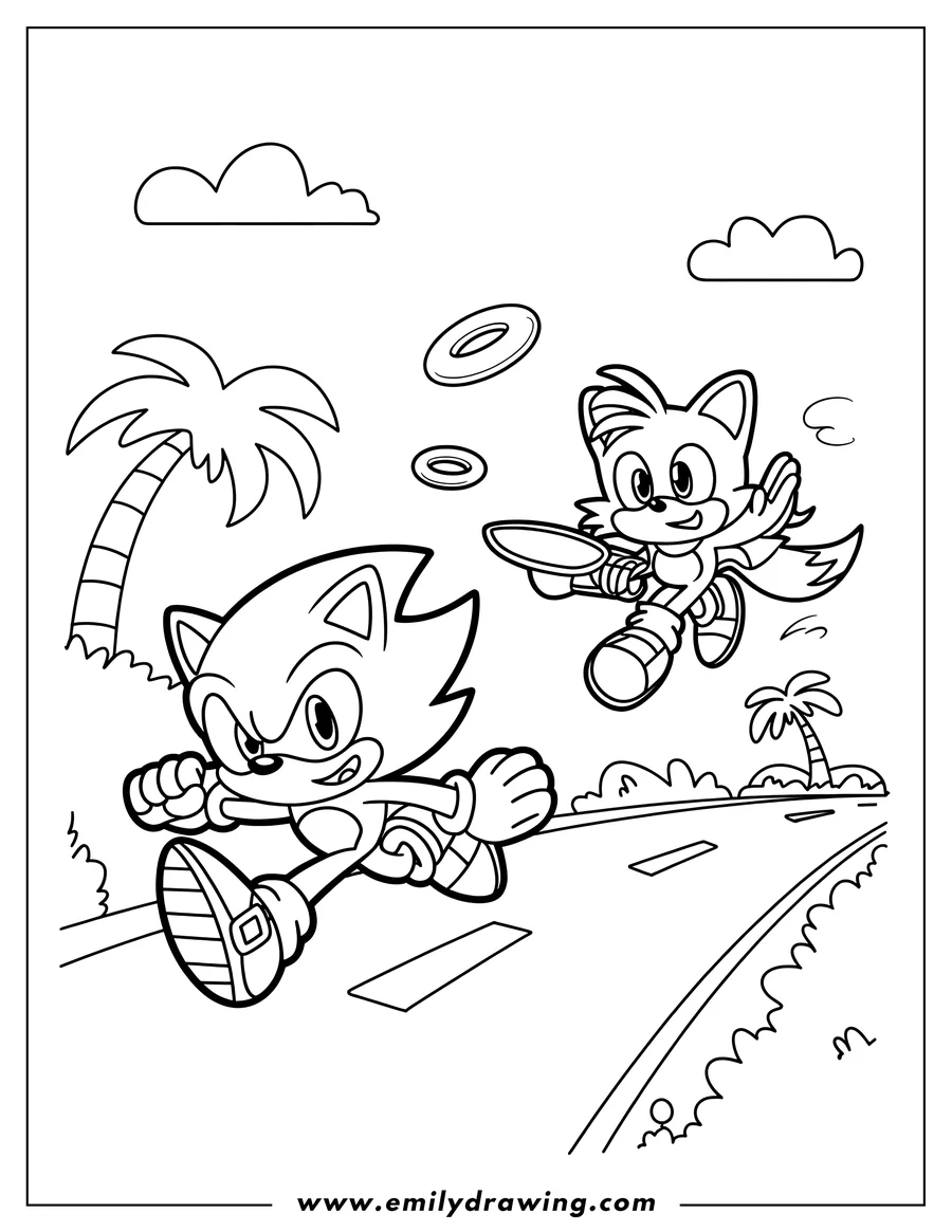 Outline of Sonic the Hedgehog running on a road with Tails flying beside him, collecting rings.