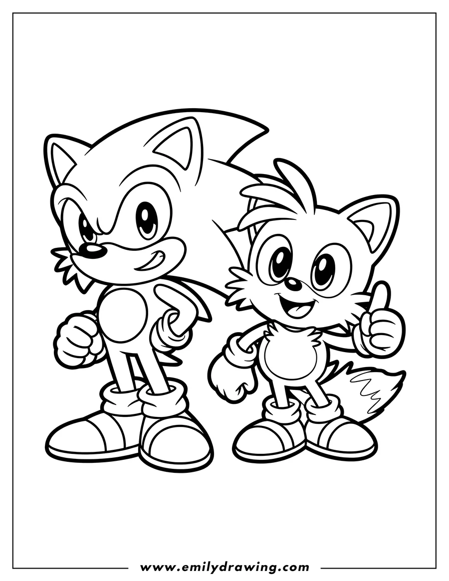 Line art of Sonic the Hedgehog and Miles 'Tails' Prower standing together, with Sonic smirking and Tails giving a thumbs up