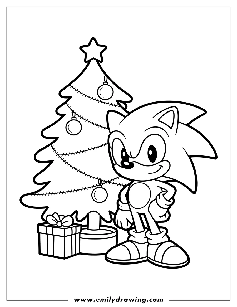Line art of Sonic the Hedgehog standing next to a decorated Christmas tree with a present underneath