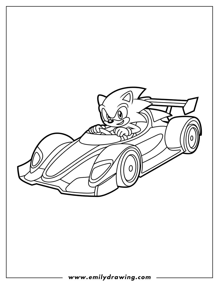 Line art of Sonic the Hedgehog driving a sleek race car with a large spoiler