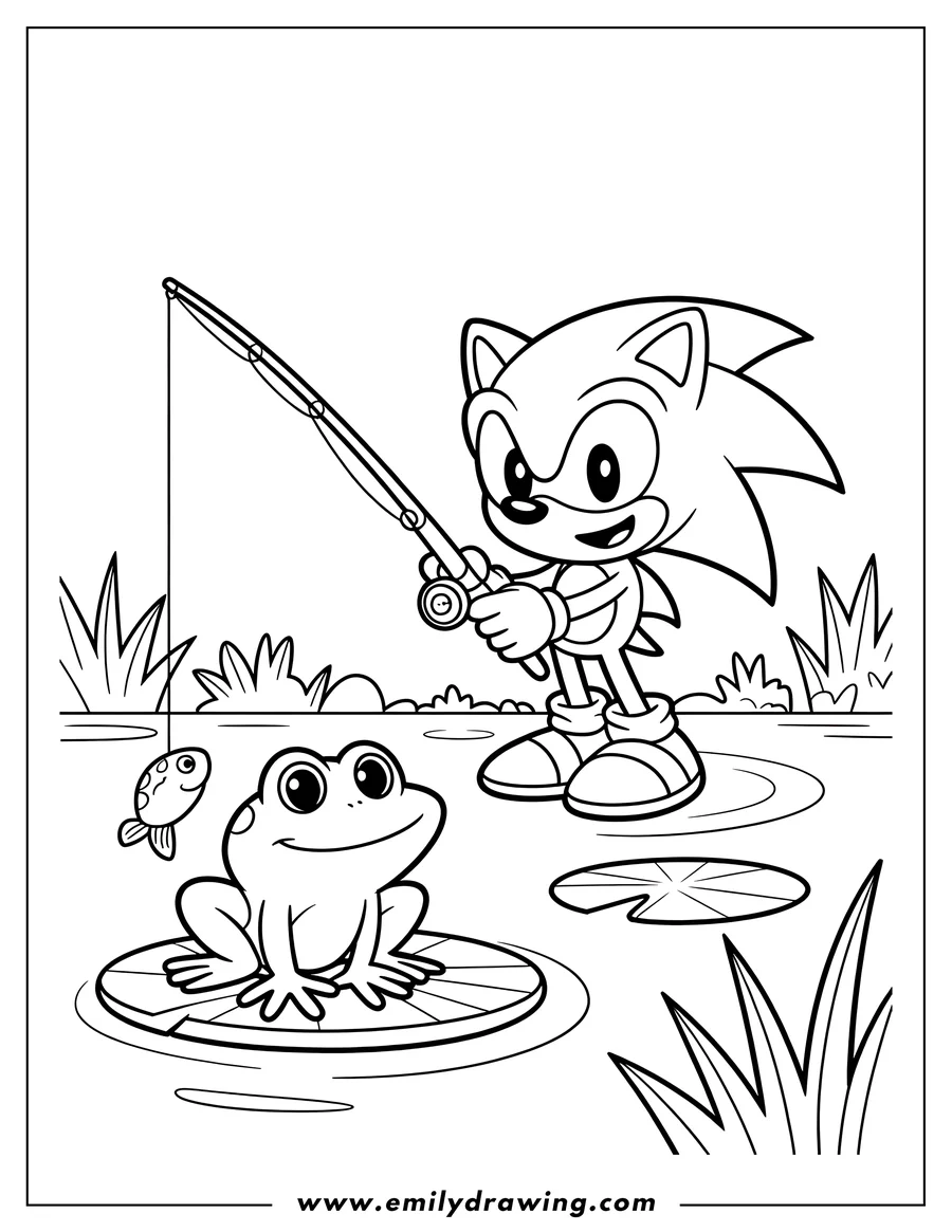Outline of Sonic the Hedgehog holding a fishing rod next to a frog on a lily pad in a pond, with a small fish swimming