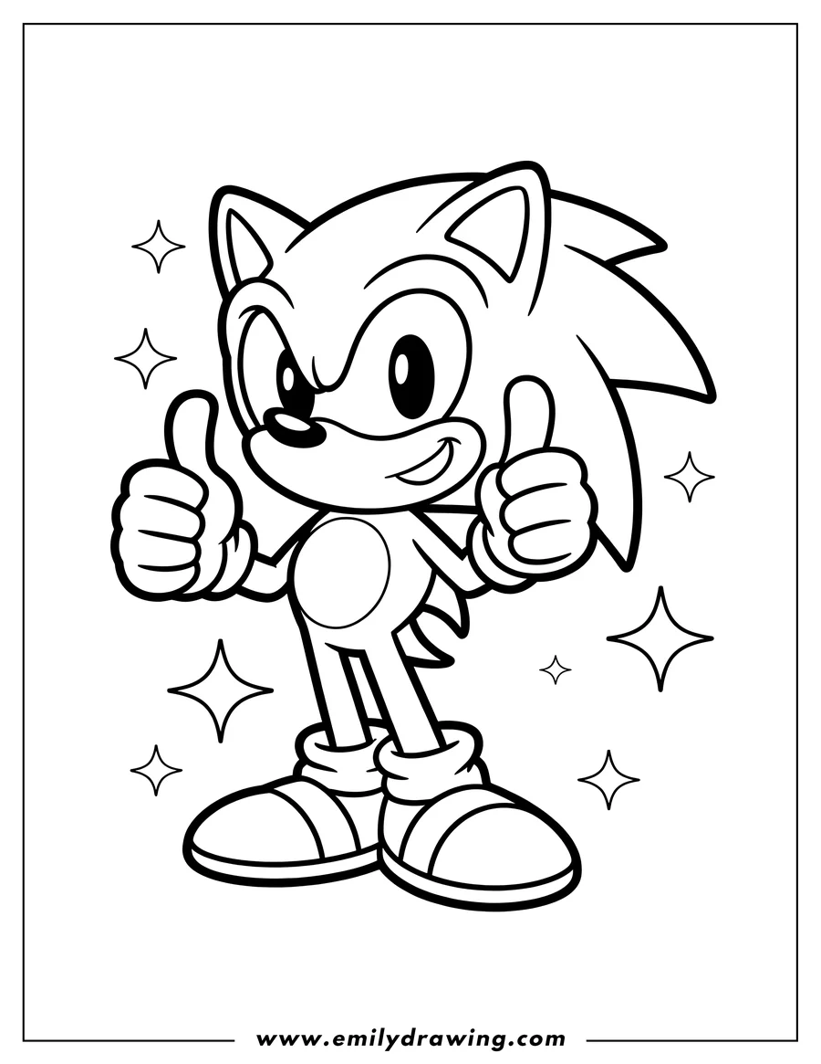 Line art of Sonic the Hedgehog giving two thumbs up, with sparkling shapes around him