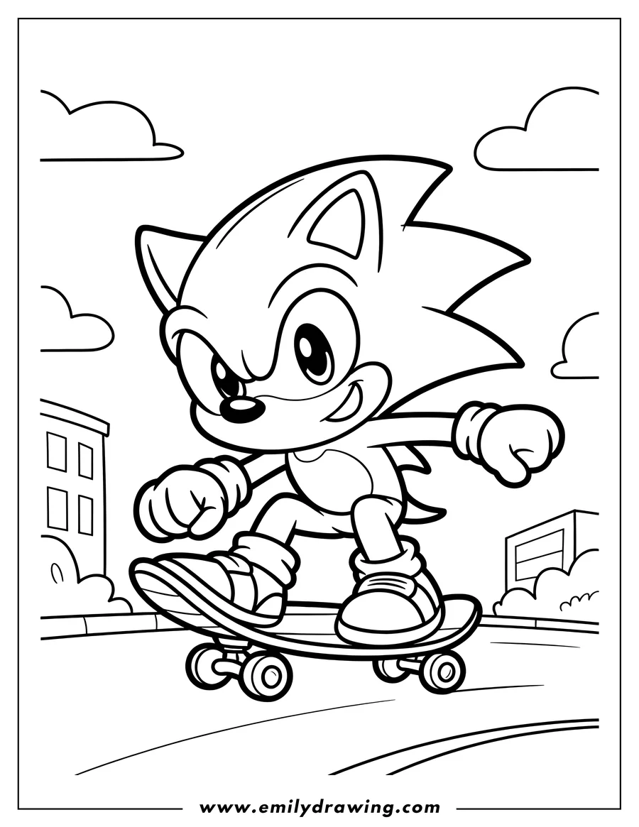 Line art of Sonic the Hedgehog skateboarding with buildings and clouds in the background.