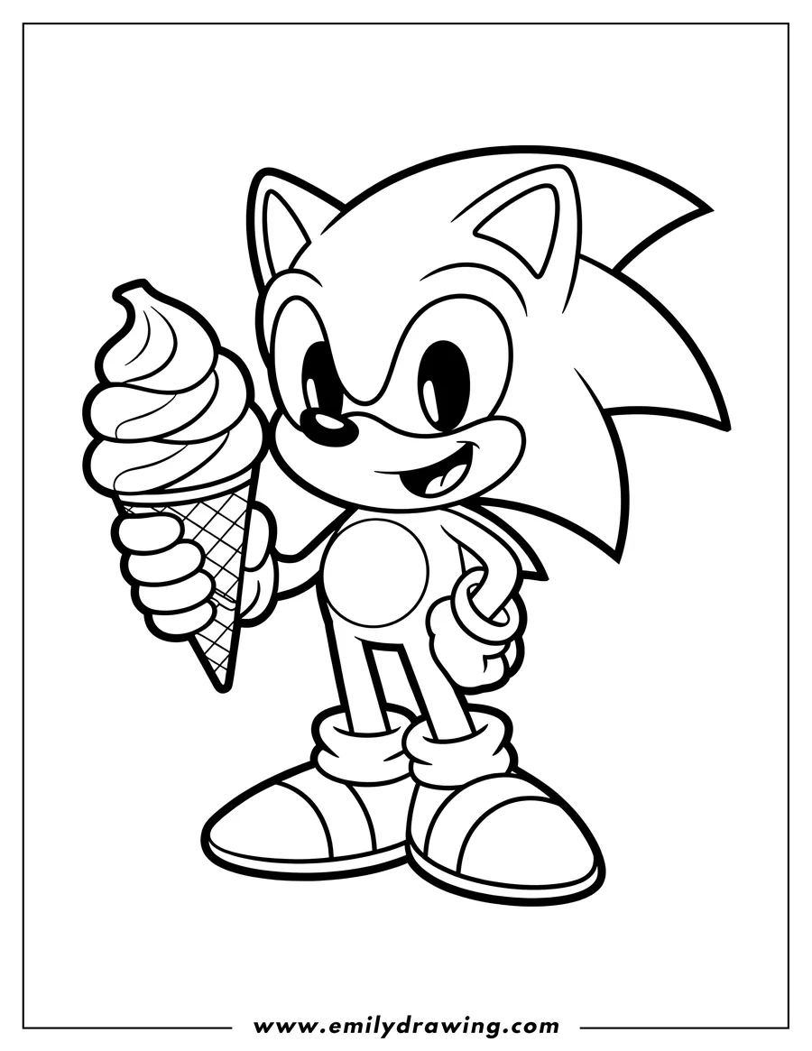 Line art of Sonic the Hedgehog, a cartoon blue hedgehog character, holding a large ice cream cone with soft-serve style ice cream. He is smiling.