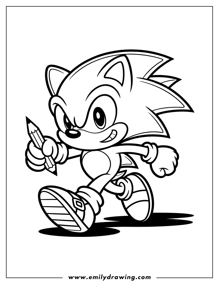 Line art of Sonic the Hedgehog holding a small pencil, with a determined expression, walking forward.