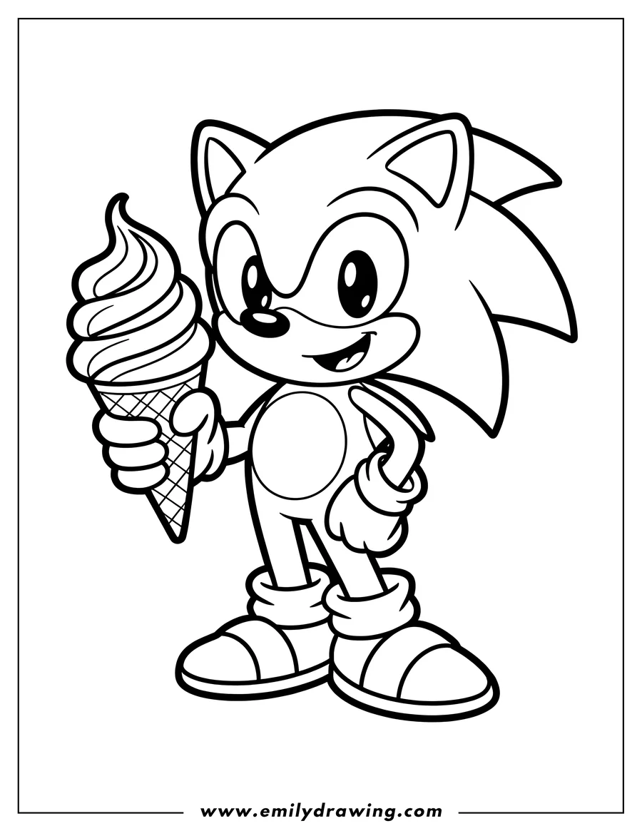 Line art of Sonic the Hedgehog holding a swirl ice cream cone in his right hand, smiling happily.