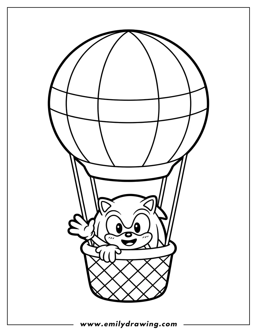 Line art of Sonic the Hedgehog smiling and waving from the basket of a large hot air balloon.