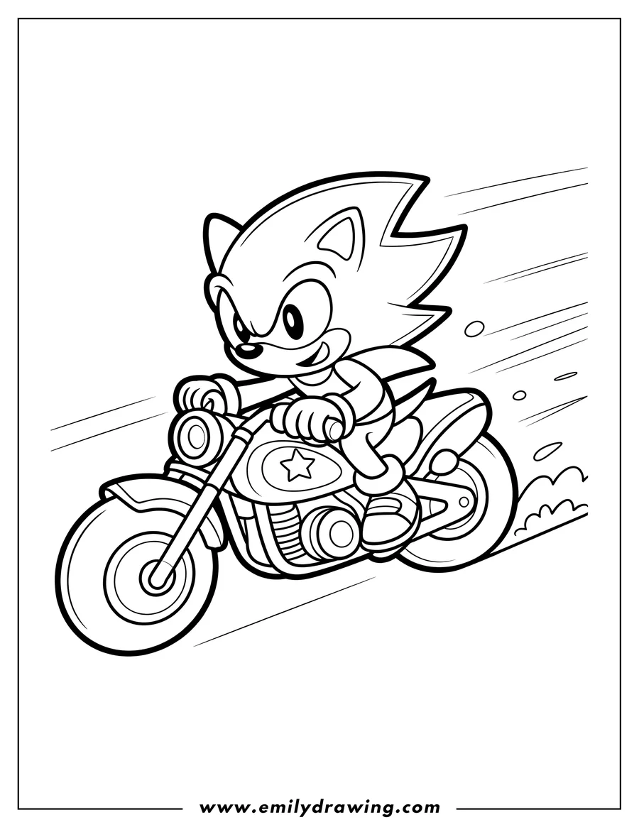 Line art of Sonic the Hedgehog riding a motorcycle, with speed lines indicating fast movement.