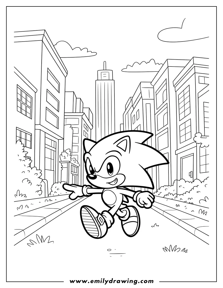 Line art of Sonic the Hedgehog running and pointing forward on a city street, with buildings and bushes in the background.