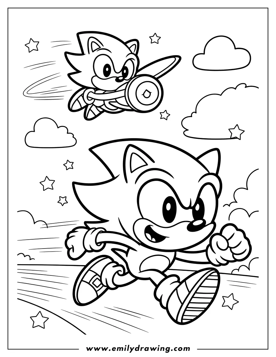 Line art of Sonic the Hedgehog, one running fast on the ground and another flying in the air, with clouds and stars in the background.