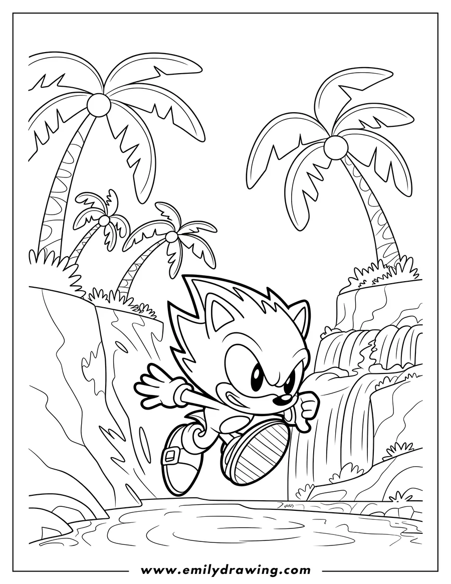 Line art of Sonic the Hedgehog running alongside a waterfall with palm trees in the background.