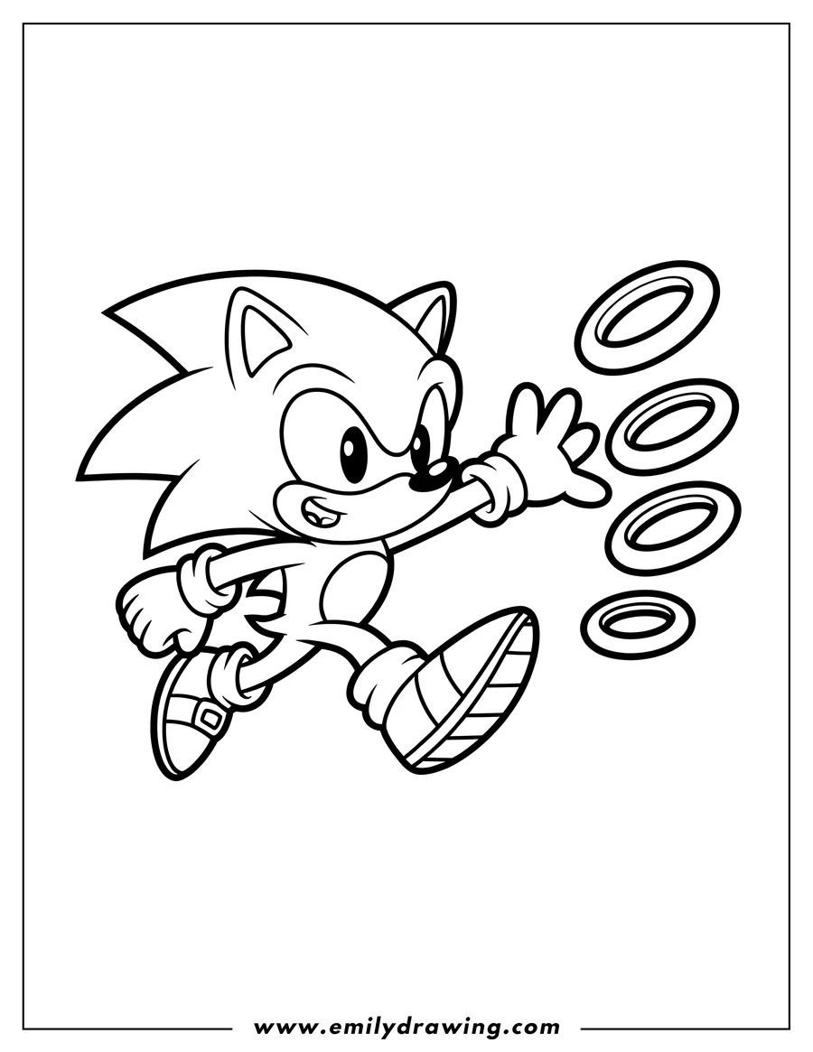 Outline of Sonic the Hedgehog running and reaching for four floating rings
