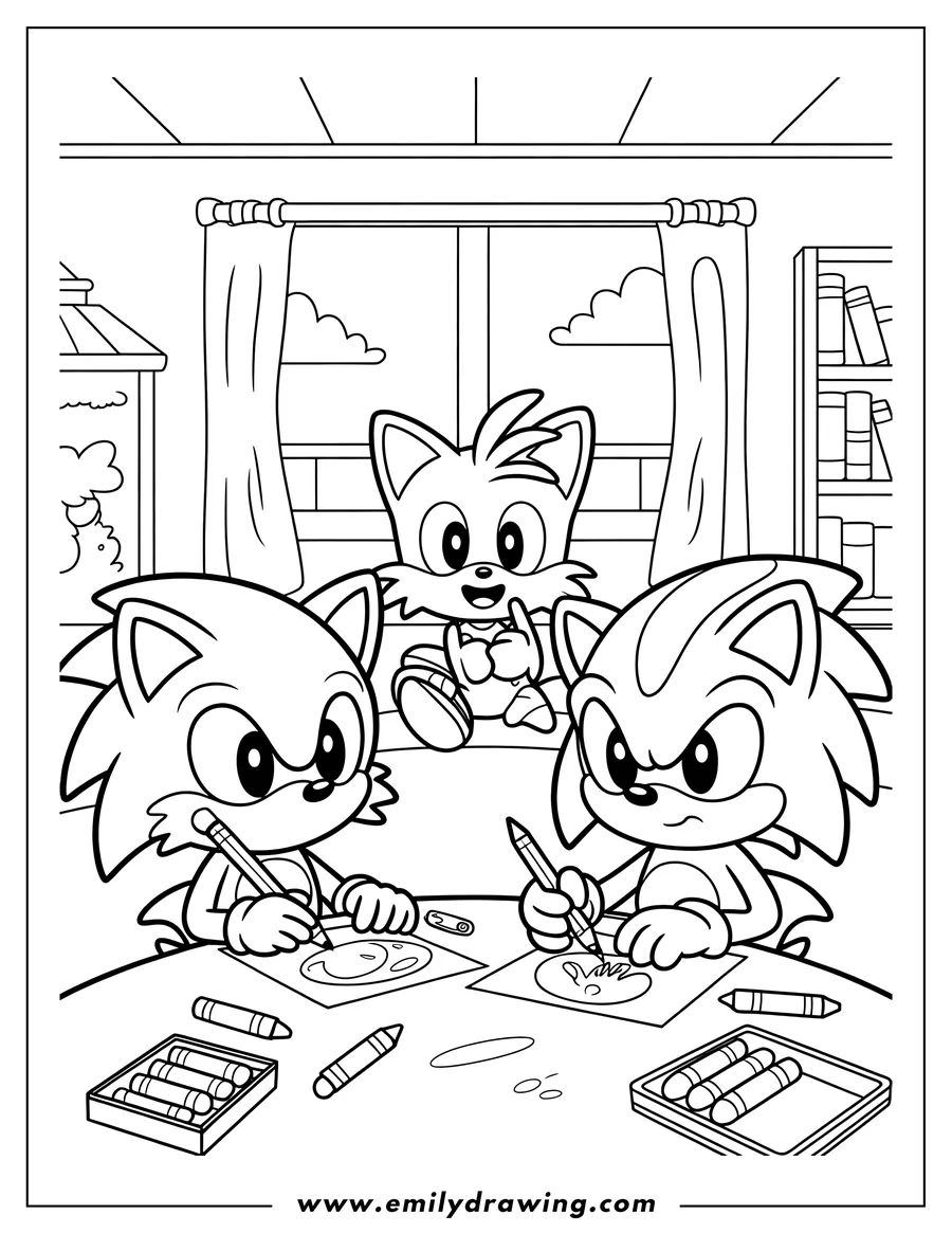 Line art of Sonic the Hedgehog and his friends Sonic and Tails drawing at a table. One Sonic is drawing a smiling face, the other is drawing a curly design, and Tails is sitting behind them, happily watching.
