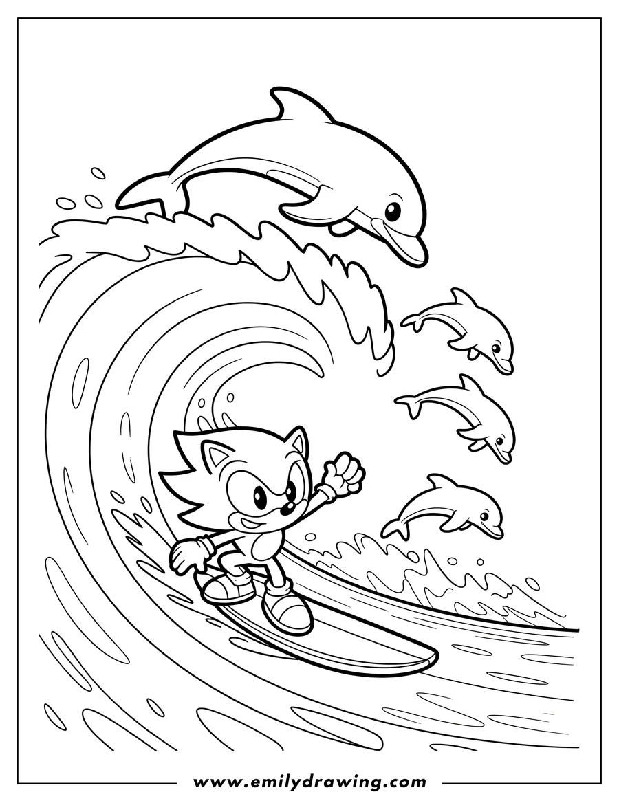 Line art of Sonic the Hedgehog surfing a large ocean wave, with several cartoon dolphins jumping out of the water beside him.