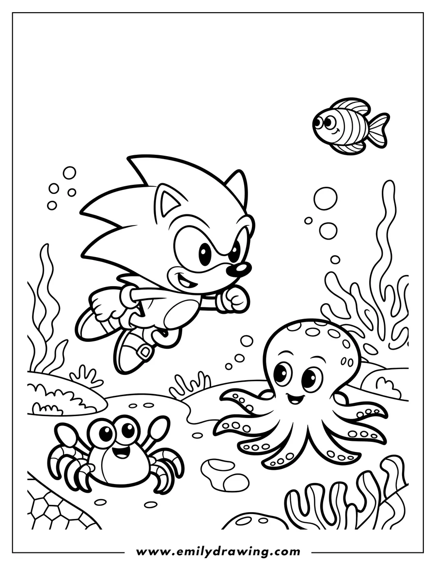 Line art of Sonic the Hedgehog swimming underwater with a happy octopus and a smiling crab, surrounded by seaweed and a fish.